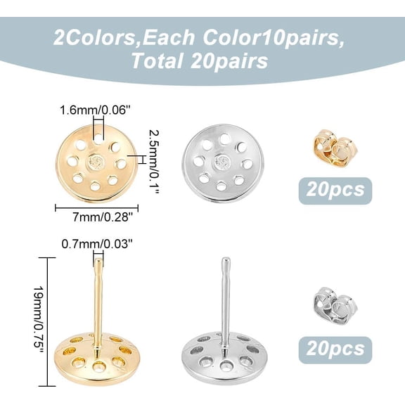 20 Pairs 2 Colors Earrings Posts Sieve Flat Round Earring Pin Studs with Butterfly Earring Backs for DIY Earring Making Supplies Platinum/Golden