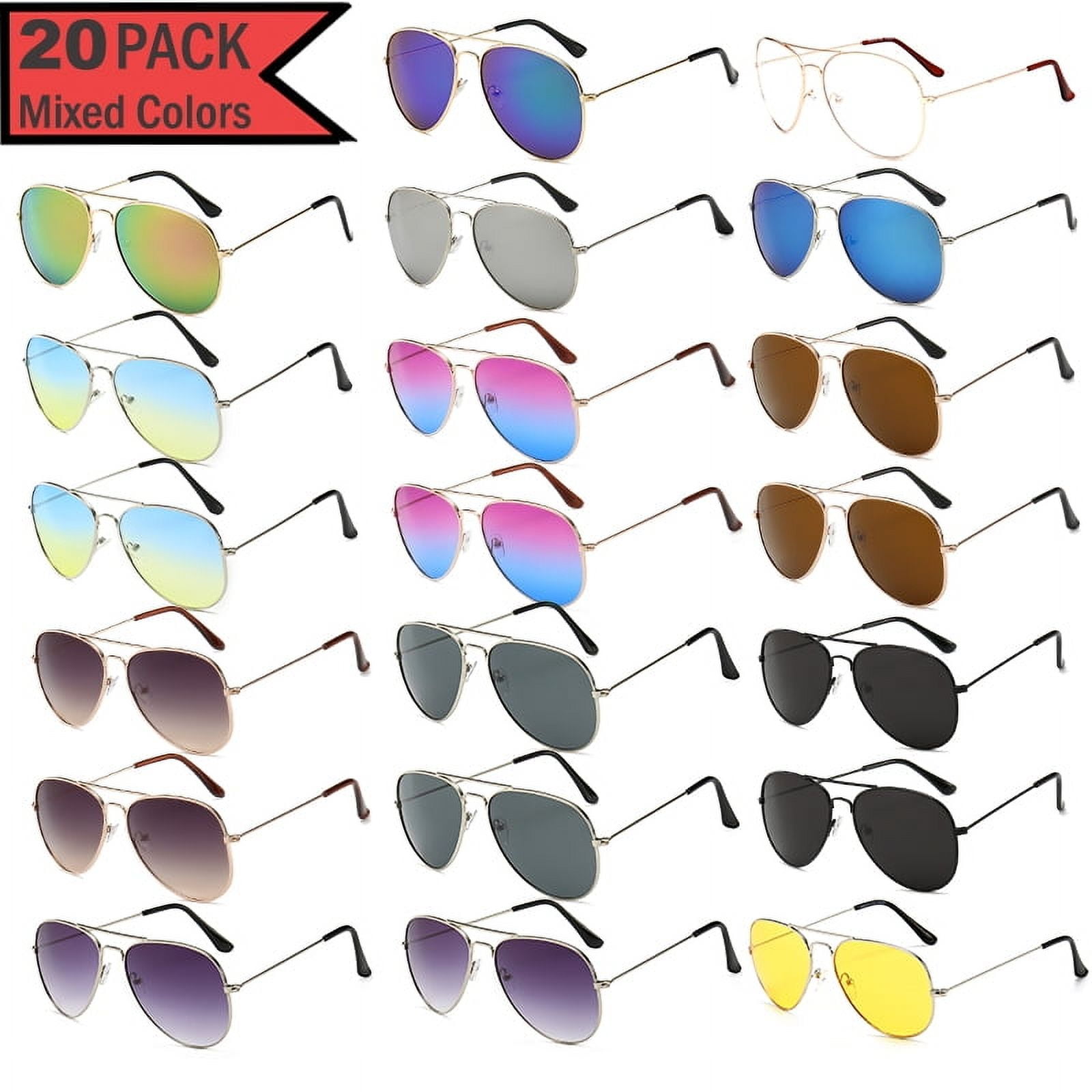 20 Pairs Assorted Color Sunglasses, Classic Aviation Style 