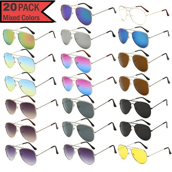 20 Pairs Assorted Color Sunglasses, Classic Aviation Style UV400 Polycarbonate Lenses, Full Metal Durable Frame