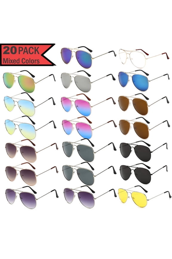 20 Pairs Assorted Color Sunglasses, Classic Aviation Style UV400 Polycarbonate Lenses, Full Metal Durable Frame