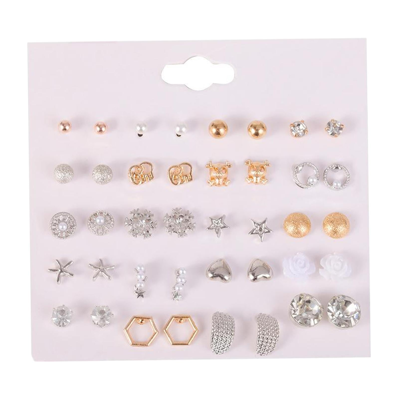 ins Vintage Copper Gold Plated Pink Bear Chain Earrings Cute Heart Zircon  Stud Earrings Set For