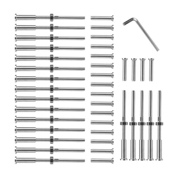 20 Pairs Stainless Steel 316 Grade Cable Railing Threaded Stud Tensioner Receiver & Flat Head Stemball Terminal for 1/8 Cable