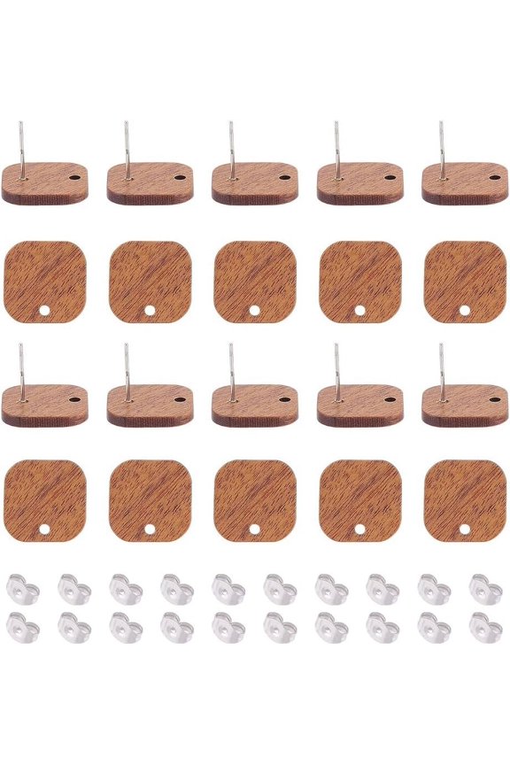 20 Pairs Walnut Wood Stud Earring Findings Square Vintage Walnut Wood DIY Stud Earrings Wood Earring Accessories Walnut Wood Earring Posts with Earring Nuts for Earring Jewelry Making Chocolate