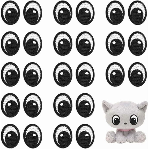 20 Pairs White Black Eyes Iron on Patch Cute Eyes Embroidery Patches Polyester Sew on Eye Patch Decorative Cartoon Eye Patches for DIY