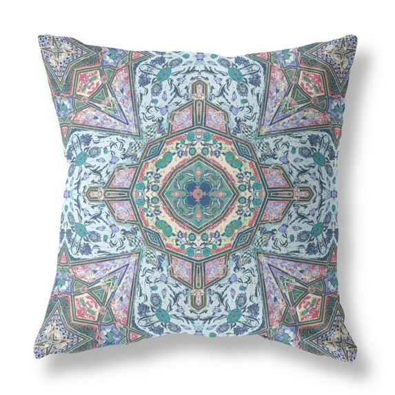 20†Pale Blue Pink Medallion Indoor Outdoor Throw Pillow