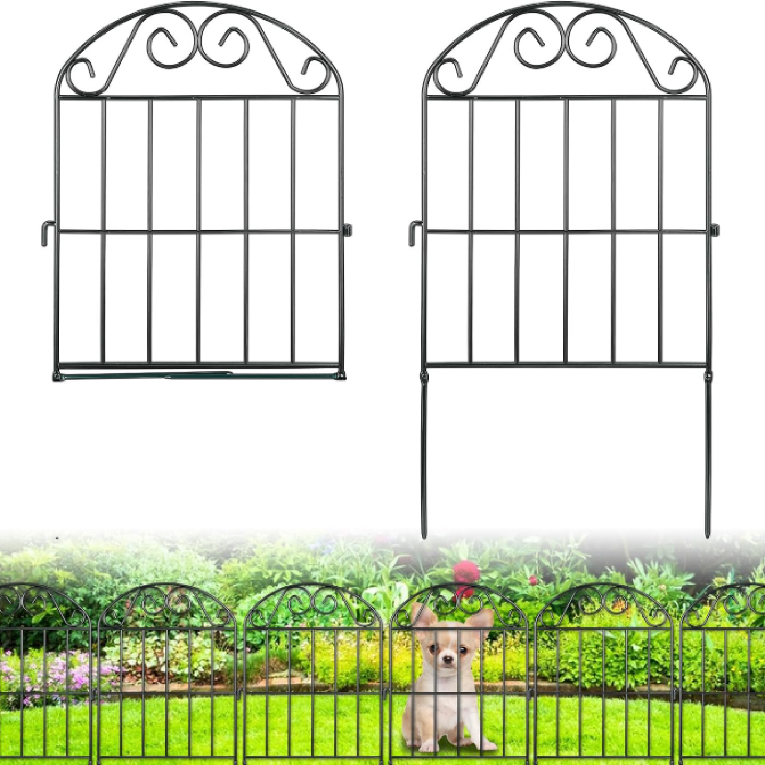 20 Panels Collapsible Garden Fence Animal Barrier, 22 Ft(L) x 24 in(H) Black Rustproof Metal Wire Panel Border for Dogs Rabbits, Flower Edging for Landscape Patio Yard Outdoor Decor, Arched