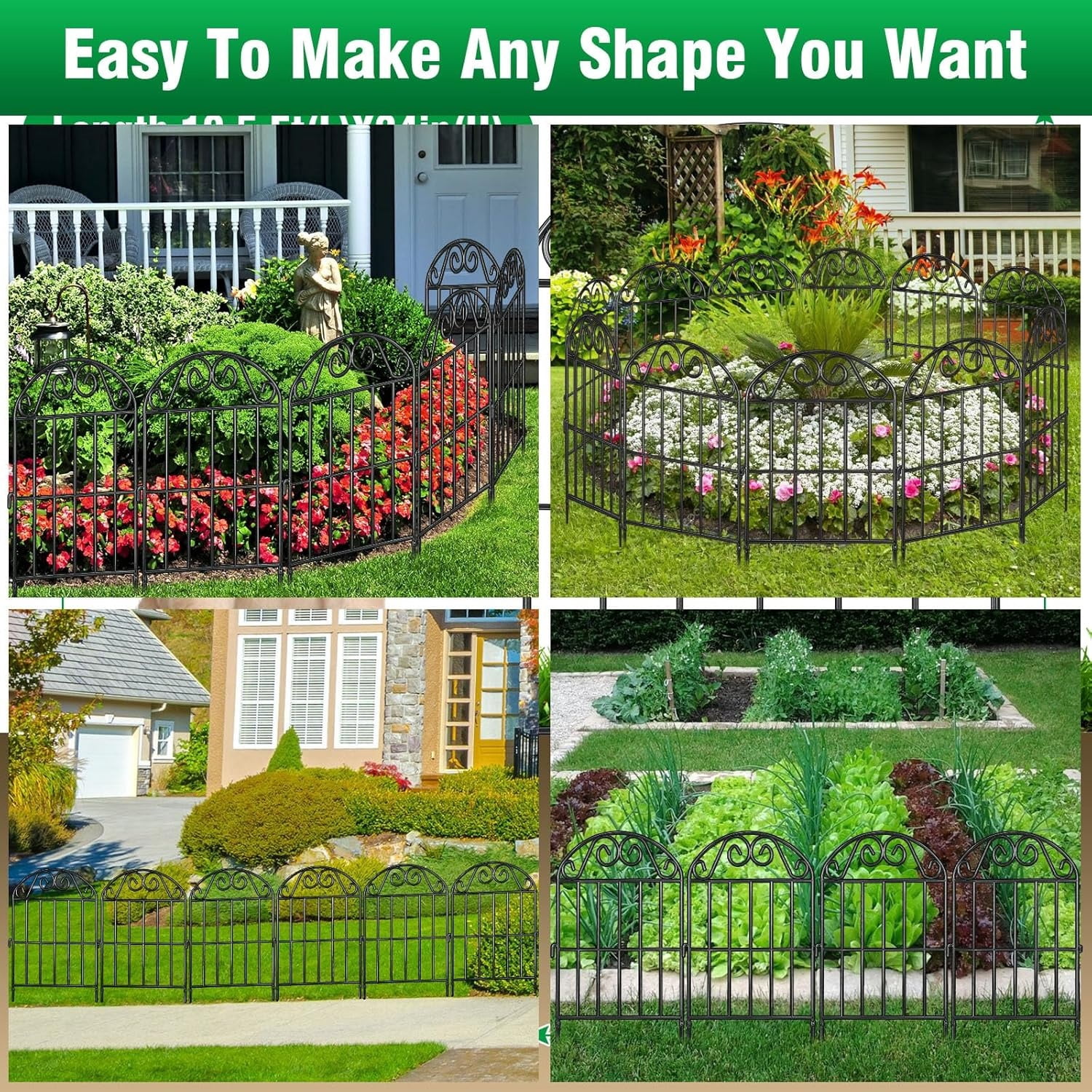20 Panels Collapsible Garden Fence Animal Barrier, 22 Ft(L) x 24 in(H) Black Rustproof Metal Wire Panel Border for Dogs Rabbits, Flower Edging for Landscape Patio Yard Outdoor Decor, Arched