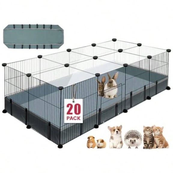 20 Panels Foldable Small Animal Playpen 48x24x16 Portable Metal Pet Fence with Waterproof Mat, Indoor Outdoor Customizable Play Yard Cage for Rabbits, Guinea Pigs, Puppies, Chickens, Hamsters & Small