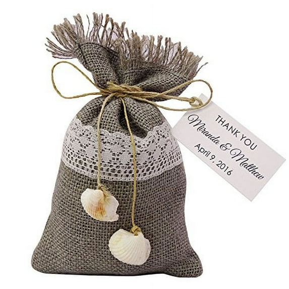 20 Party Favor Sack Drawstring Pouches Beach Wedding Favor Bags Rustic With Custom Paper Tag Small Jute Bags 4"x6.5" inches
