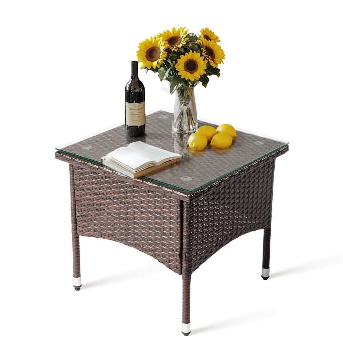 20" Patio Side Table, Outdoor Patio Wicker Square End Table, All-Weather Rattan Coffee Table w/Glass Tabletop for Backyard Deck Porch Poolside, Brown