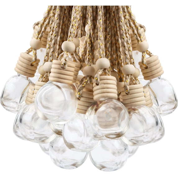 20 Pcs 10ml Oblate Hanging Car Air Freshener Diffuser,Empty Refillable Clear Glass Essential Diffuser Oil Aromatherapy Fragrance Perfume Pendant Vials with Wooden Caps & Hanging String