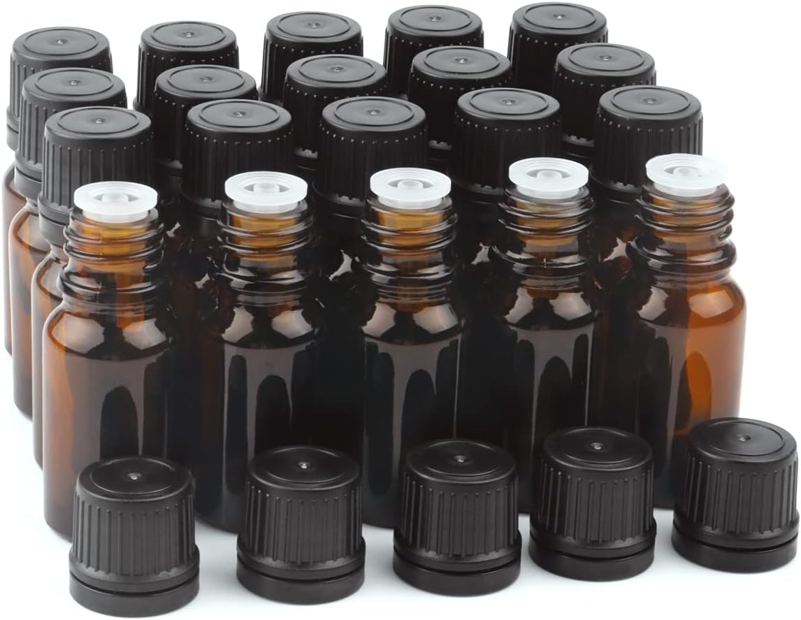 20 Pcs 10ml Sample Glass Bottles for Essential Oils UVProtection, Orifice Reducer, Leakproof