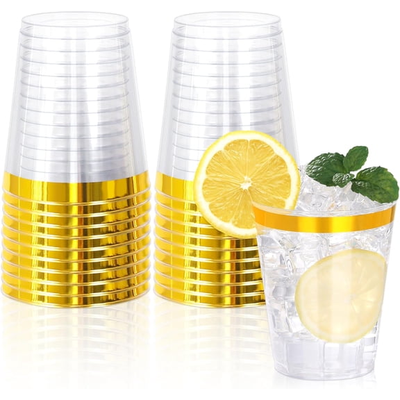 20 Pcs 10oz Gold Plastic Cups,Clear Plastic Cups with Gold Rimmed,Gold Rim Clear Disposable Plasitc Cocktail Tumblers Wine Cup for Party,Wedding,Birthday,Christmas