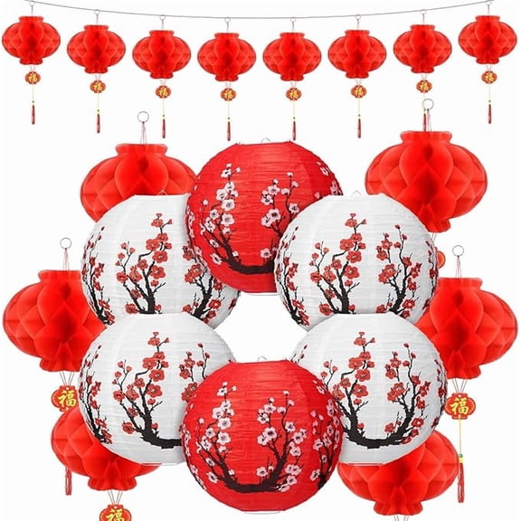 20 Pcs 12" Chinese Japanese Paper Lanterns and 8" Red Lanterns Hibachi Party Decorations Cherry Blossom Decorative Hanging Lanterns for Chinese New Year Home Restaurant(Red, White)