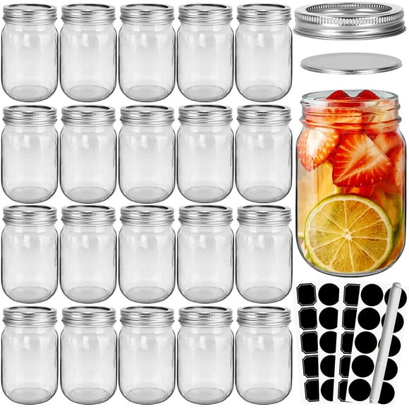 20 Pcs 12oz Glass Mason Jars With Silver Separable Lids, 350ml Round Canning Jars for Honey, Jam, Herb, Wedding Favor, Kitchen Storage Wide Mouth Bottles for Crafts, Meal Prep