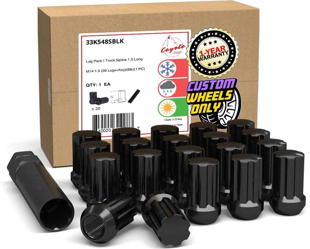 20 Pcs 14mm 1.50 Thread Lug Nuts Short Truck 7 Spline 1.5 Long Black Fits Chevy Camaro, Chrysler 300, Dodge Charger Challenger, 2015+ Ford Mustang, 2021+ Jeep Wrangler