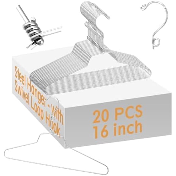 20 Pcs 16” Metal Stackable Hanger, Stainless Steel Clothes Hangers with Swivel Hook, Heavy Duty Wire Steel Rack for Blouse Dress