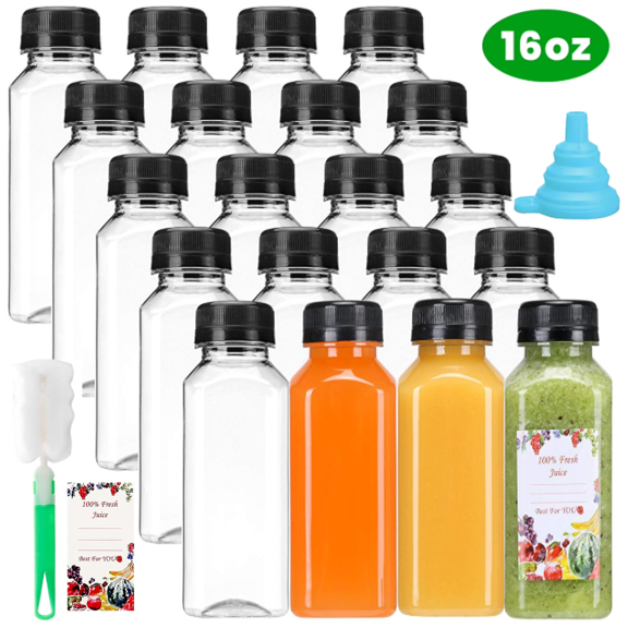 20 Pcs 16 oz Empty Plastic Juice Bottles with Lids, Reusable Drink Containers with Brush and Labels, Clear Bulk Juice Containers with Caps for Juicing, Smoothie and Other Beverages