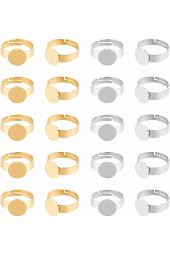 20 Pcs 2 Colors Blank Rings Adjustable Stainless Steel Finger Rings Flat Round Ring Base 10mm Cabochon Base Bezel Components for Ring Jewelry Making Supplies