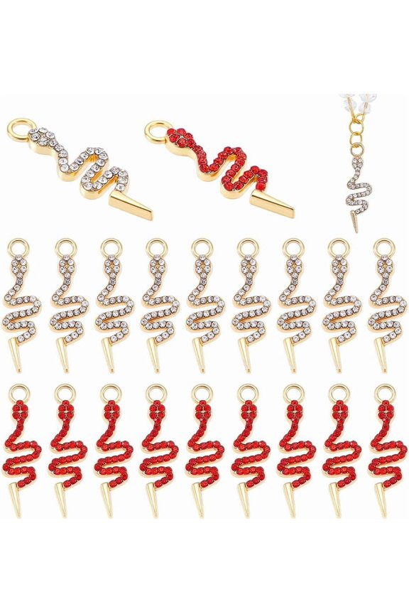 20 Pcs 2 Colors Snake Beads Alloy Rhinestone Pendants Golden
