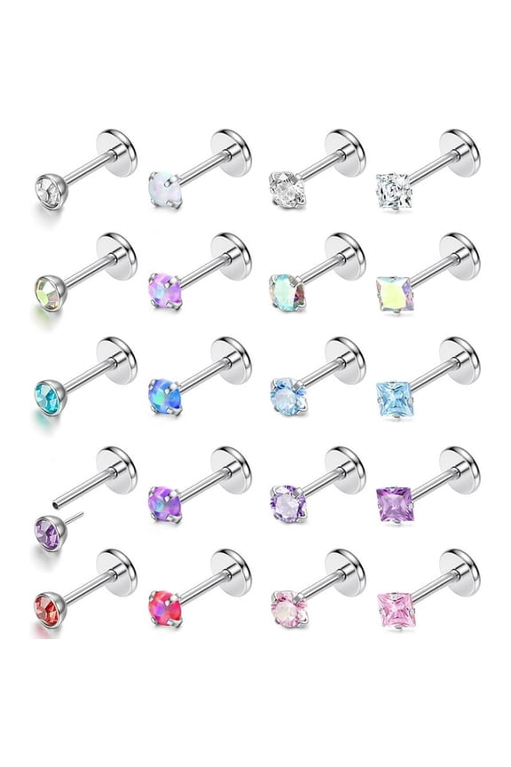 20 Pcs 20G 18G Threadless Push In Nose Rings Studs 316L Surgical Steel 3mm Rainbow Crystal Opal Hypoallergenic