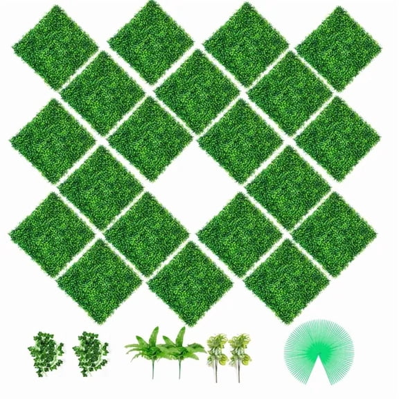 20 Pcs 20x20 Inch Artificial Boxwood Hedge Wall Panels 1.6 Inch PE Grass Privacy Screen for Outdoor Indoor Garden Fence Backyard Decoration