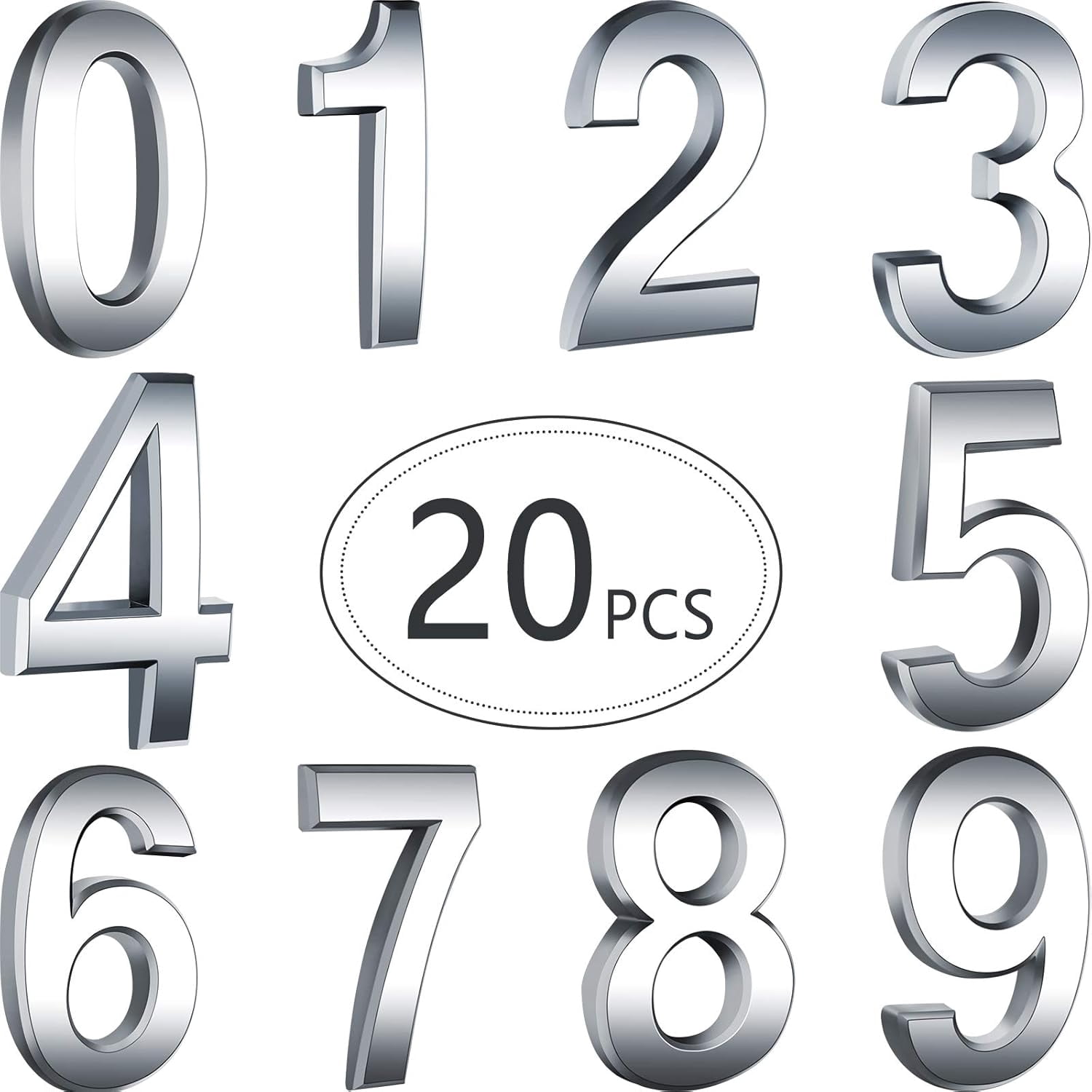 20 Pcs 3 Inch Silver 3D House Numbers Mailbox Numbers Self Adhesive 0-9 ABS Engineering Plastic for Home Apartment Office Hotel Room