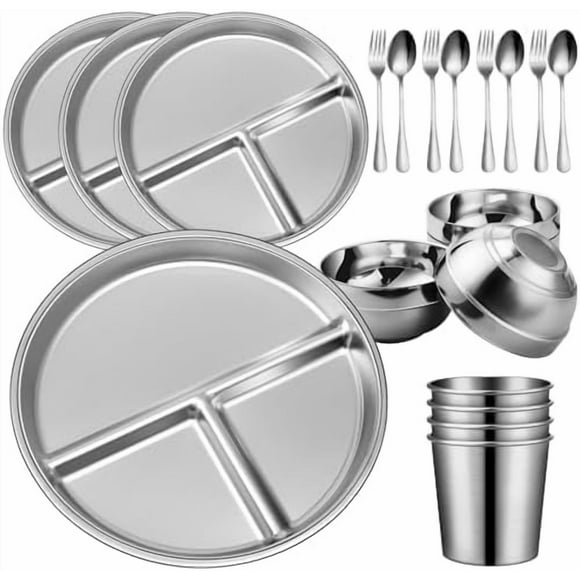 20 Pcs 304 Stainless Steel Plates and Bowls Sets with Cups, Spoons, Forks, Compartment Trays Unbreakable Divided Plates Reusable Tableware for Home, Camping, Travel, Restaurant