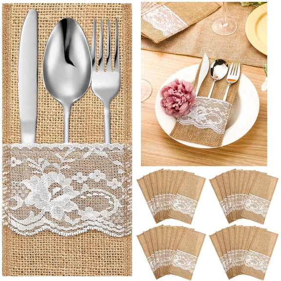 20 Pcs 4.1 x 8.9 Inch Wedding Natural Burlap Lace Utensil Holders Pouch, Burlap Silverware Cutlery Pouch Tableware Holder Bag for Rustic Wedding Bridal Shower Decorations