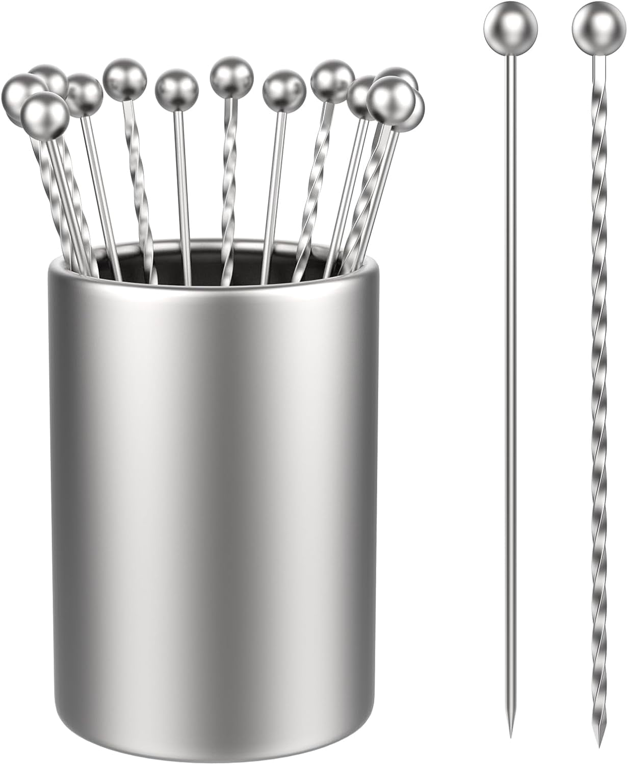 20 Pcs 4.3 Inch Metal Martini Picks with Holder Kit, 2 Types Stainless Steel Cocktail Toothpicks, Reusable Skewers for Olives Appetizers Fruit (Smooth & Threaded)
