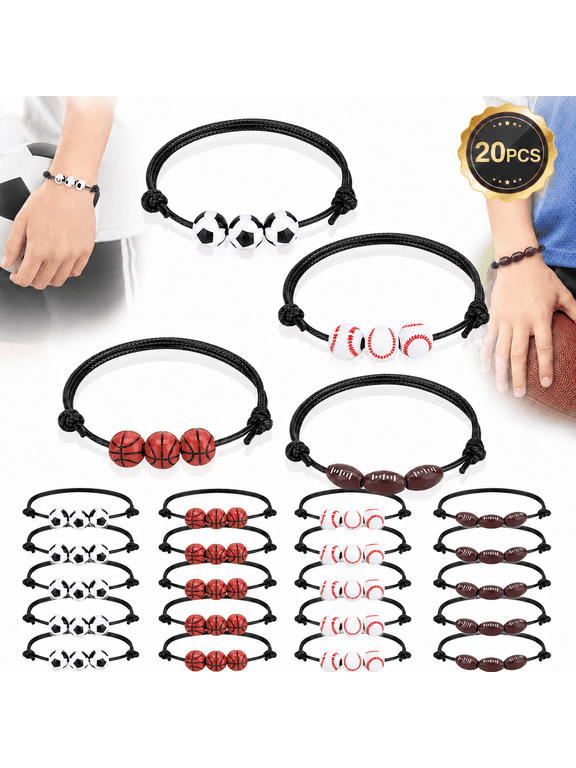 20 Pcs 4 Type Sport Theme Charm Bracelets by Emlimny, Soccer Basketball Football Baseball Volleyball Bracelet Adjustable Sport Beads Ball Bracelet with Charm for Teens Students Adults Outdoor Gift
