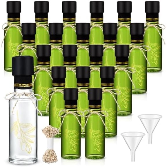20 Pcs 4 oz Mini Glass Olive Oil Bottles Empty Sauce Condiment Bottles with Dropper Inserts and Sticker Seals Caps for Gifts Kitchen (Olive Pattern,Clear)