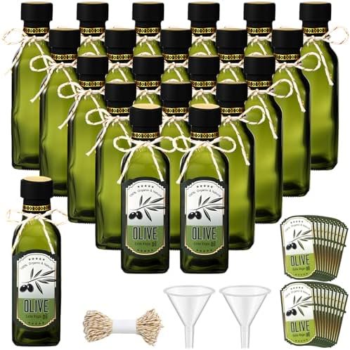 20 Pcs 4 oz Mini Glass Olive Oil Bottles Empty Sauce Condiment Bottles with Dropper Inserts and Sticker Seals Caps for Gifts Kitchen (Sqaure,Dark Green)