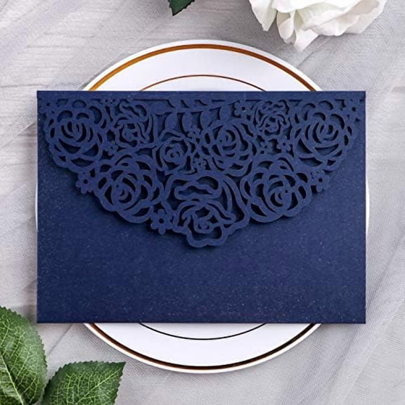 20 Pcs 5.12 x 7.21 inch Tri-fold Laser Cut Wedding Invitation Pocket for Wedding Quinceanera Bridal Shower Baby Shower Party Invite (Navy Blue)