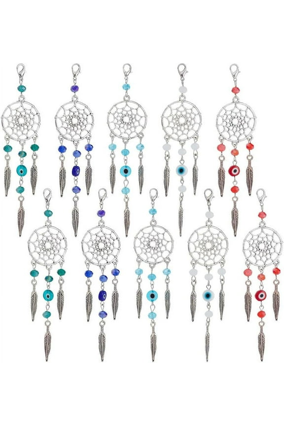 20 Pcs 5 Styles Dreamcatcher Charms Mixed Gemstone Beads Dream Catcher Pendants with Natural Cultured Freshwater Pearl and Lobster Clasp for Jewelry Keyring Making colorful