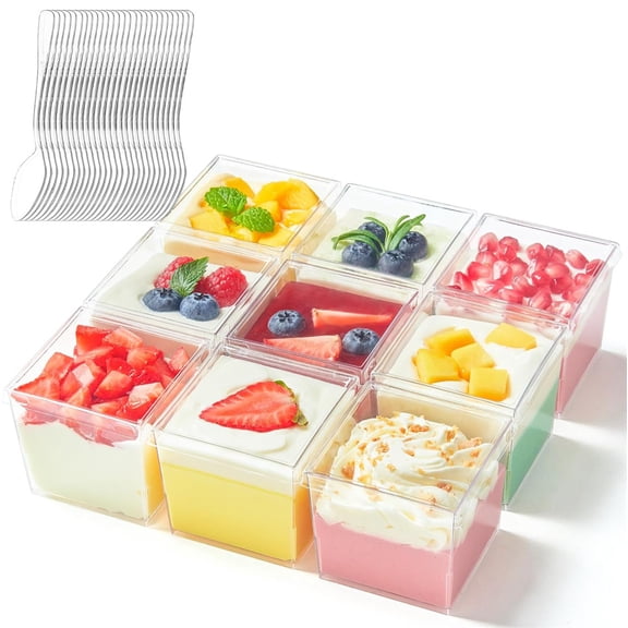 20 Pcs 5 oz Mini Square Plastic Dessert Cups Set, NOGIS 20 Disposable Clear Small Parfait Appetizer Shooter Cups 20 Spoons, Party Serving Bowl for Tasting Mousse Ice Cream Pudding Fruit Trifle