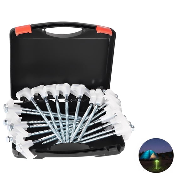 20 Pcs Metal Tent Stakes, Robust Ground Spikes with Glow Feature, Drillable Screw-in Tent Nails, Hexagon Head Drive & Storage Case for Camping