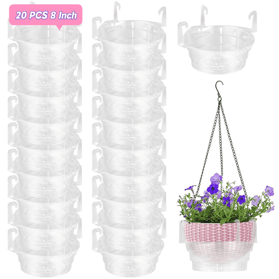 Fkszll Plastics Hanging Basket Drip Pans (20-Pack) | Clear Round (Diameter = 6.25" Base, 8" Top, 3.25" Depth) Hanging Plant Tray Saucer with Built-in Hooks & Water Catcher for Indoor & Outdoor