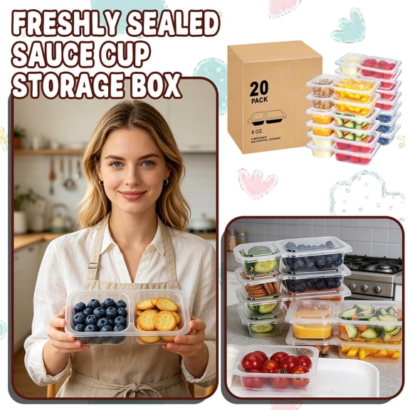 20 Pcs 9oz Reusable Snack Containers with Lids – Double Compartment Bento Boxes for Meal Prep, Charcuterie, Dips, Fruits, BPA-Free PP5, Leak-Proof & Dishwasher Safe