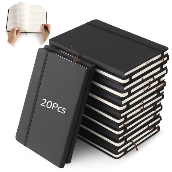 20 Pack A5 Lined Journal Notebooks, 8.3 x 5.6 in PU Leather Hardcover Executive Notebooks with Elastic Closure, Writing Notepad for Office, College, Home, Business & Travel (Black)