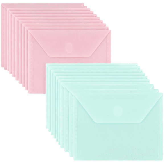 20 Pcs A7 Plastic File Envelope, 7.5 x 5.5 in Frosted Document Folder, Light Green and Pink Waterproof Plastic Wallet with Sturdy Hook-and-Loop Closure for Receipts, Cards, Photos, Home Office Use