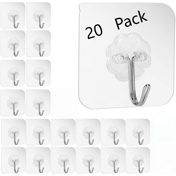 20 Pcs Adhesive Heavy Duty Wall Hooks 33lb(Max) Transparent Reusable Seamless Nail Free Hooks Waterproof and Oilproof Bathroom Kitchen Utility Towel Mug Spatula Can Opener Scissors Hooks