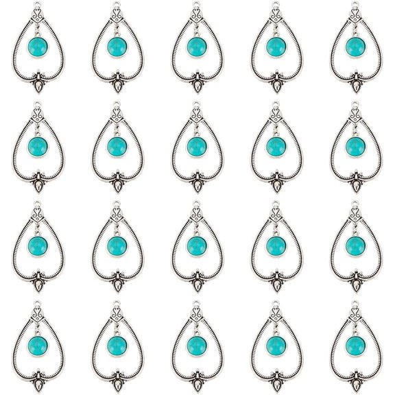 20 Pcs Alloy Turquoise Charms Hollow Teardrop Shape Turquoise Big Pendants Vintage Silver Charms