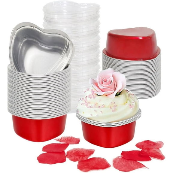 20 Pcs Aluminum Foil Disposable Cupcake Heart Shaped Cake Pans with Lids Baking Tool for Valentine's Day Wedding Parties,3.4 Oz/ 100ml