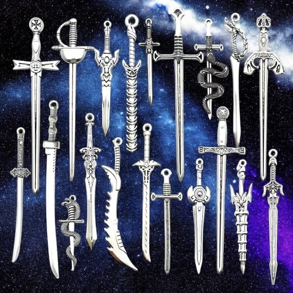 20 Pcs Ancient Silvery Mini Sword Metal Bookmark Set - Keychains (2-4in)