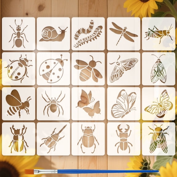 20 Pcs Animal Painting Stencil with Brush 5.9x5.9 Inch Butterfly Dragonfly Beetle Spider Bee Ladybug Pattern Drawing Template DIY Stencil