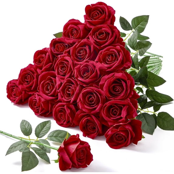 20 Pcs Artificial Black Roses, 4'' Big Flower Head, Velvet Real Touch Silk Roses, Lifelike Bouquet Long Stems Roses for Halloween Decor, Vintage Weddings and Modern Home Decor