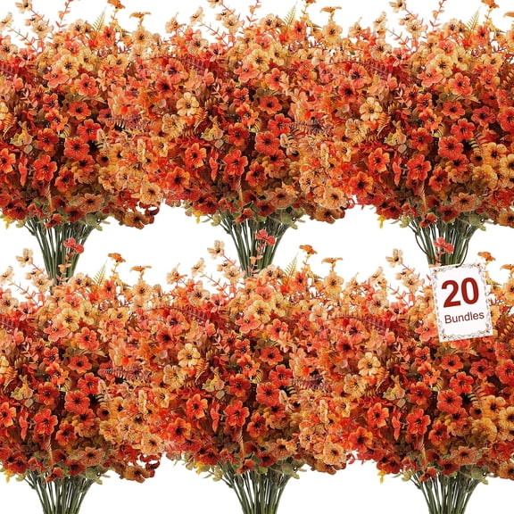 20 Pcs Artificial Fall Flowers for Outdoors Fake Mums, Mixed Orange