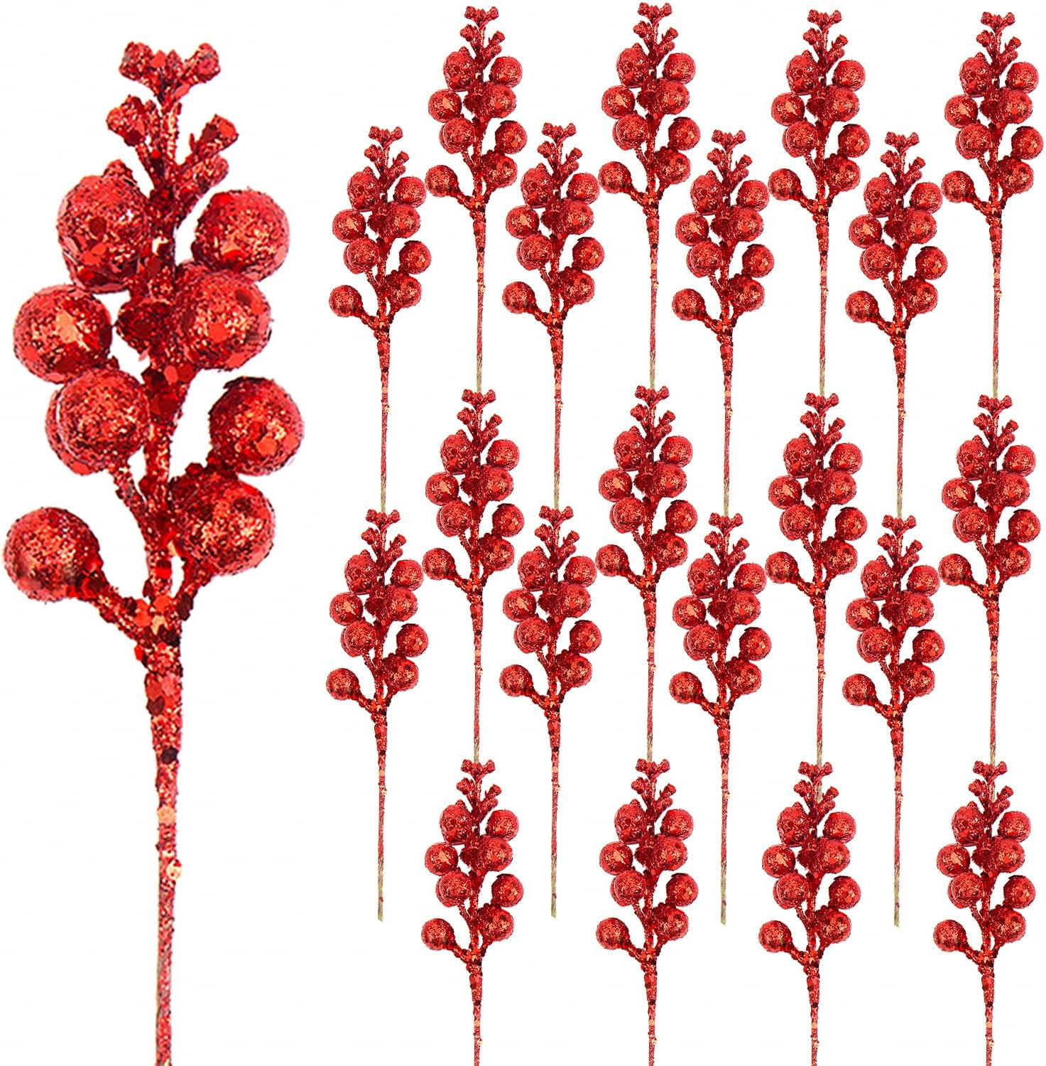 Red Glitter Artificial Berry Stems for Christmas Tree Decorations, 7.8 Inch, 20 Pcs