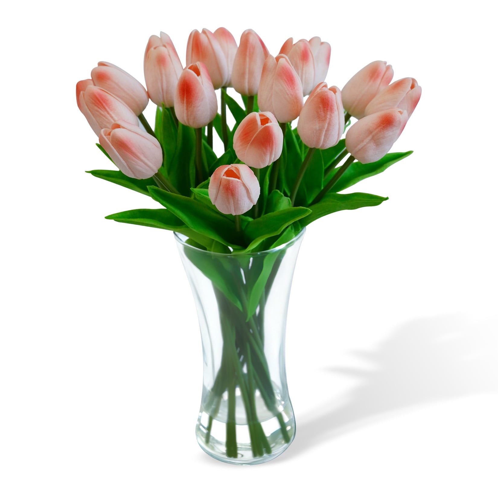 20 Pcs Artificial Real Touch Tulips Flowers in Glass Vase with Faux Water, Tulips Fake Arrangements Orange Tulip with Vase for Dining Table Home Decor Wedding Centerpieces